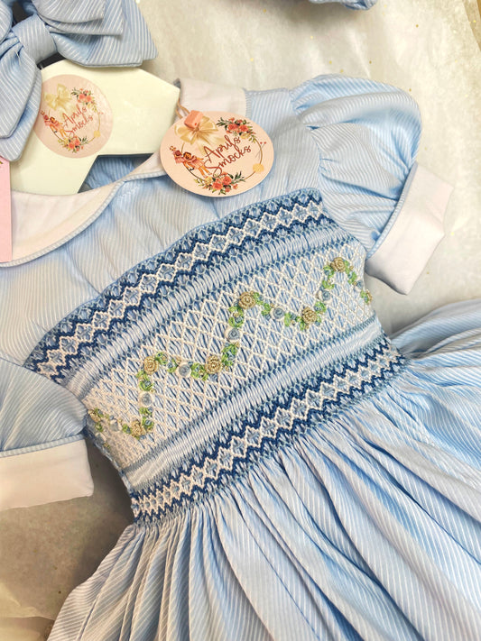 Elsa Baby Blue Smocked Back & Front Dress With Matching Socks