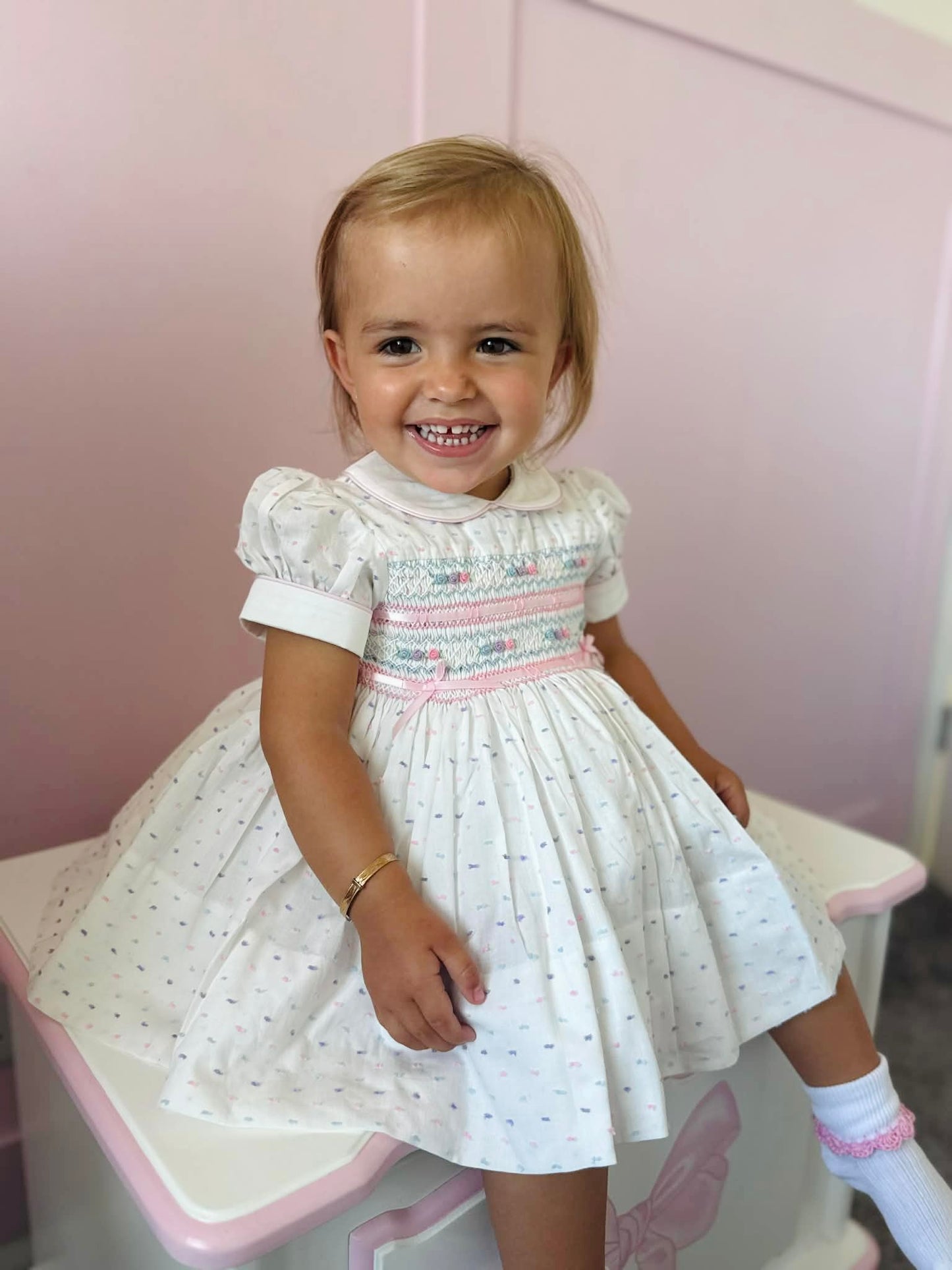 Sophia Dress - Pastel Plumetti With Matching Socks - smocked back & front