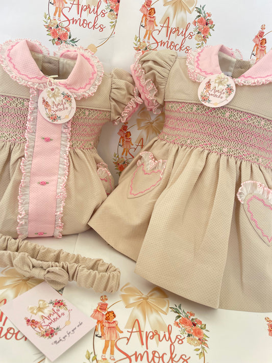 Girls Tan & Pink Bubble Romper