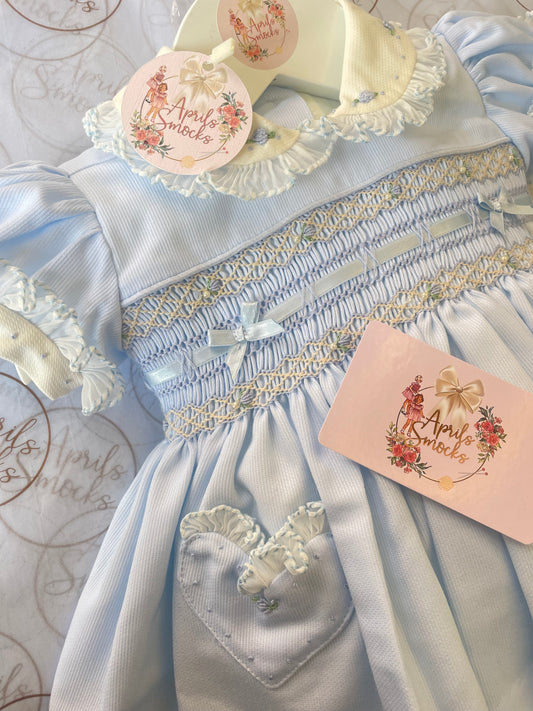 Girls Blue Smock Dress With Ribbon & Pearl Detail