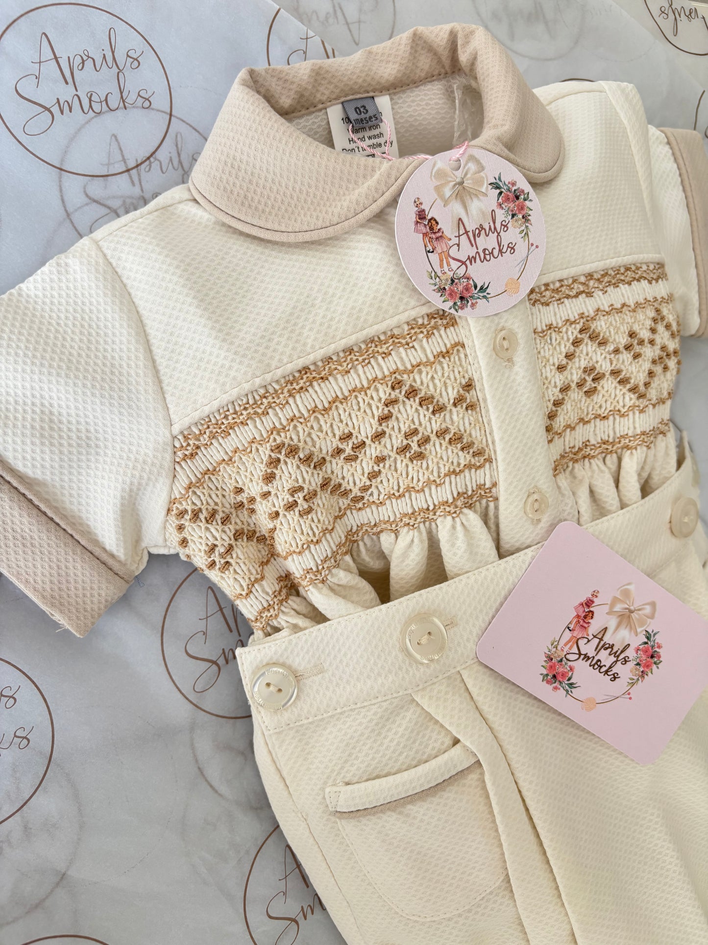 Boys Smocked Pique Cream & Tan Suit