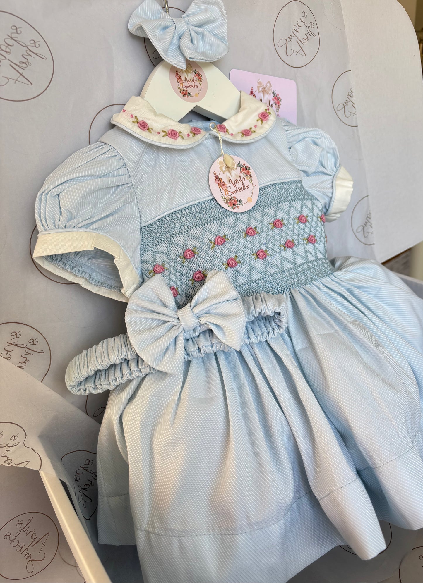 Smocked Front Blue Dress With Pink Roses