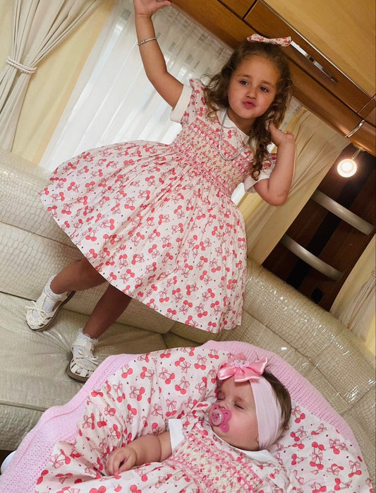 Smocked Back & Front Cherry Dress With Pearl Detail