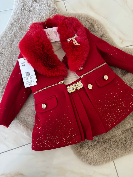 Girls Red Coat And Skirt Set