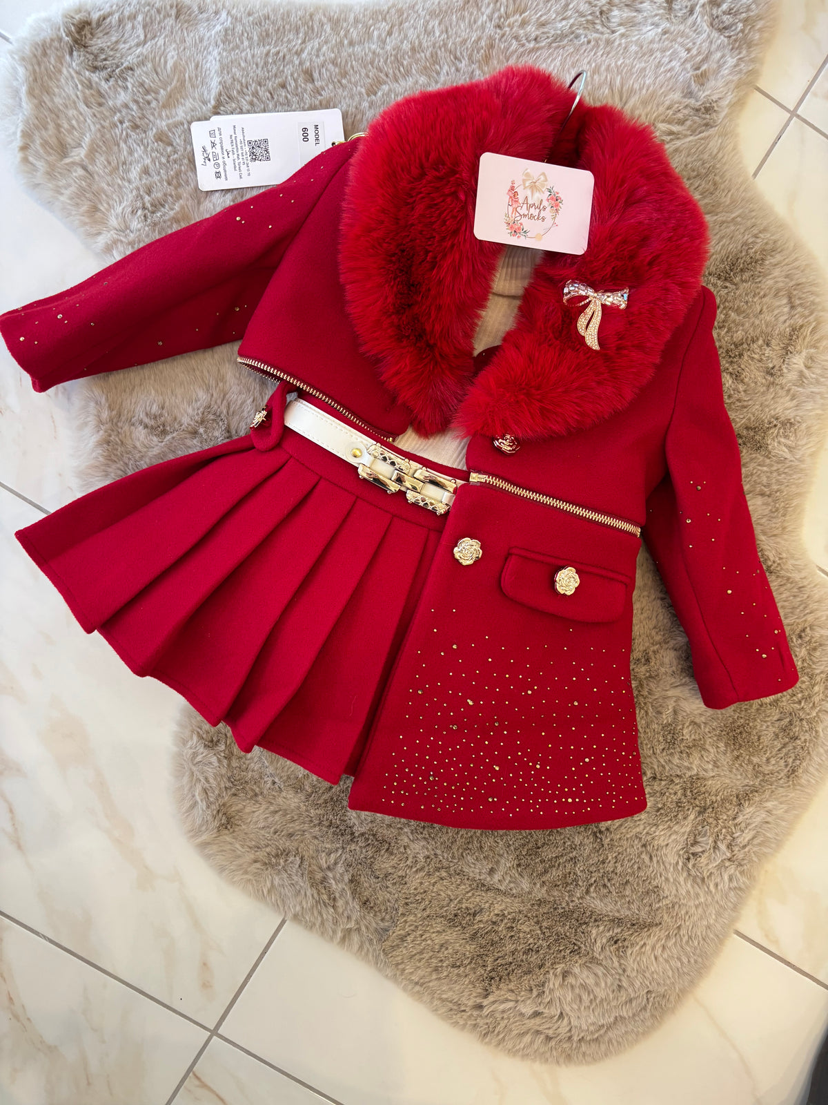 Girls Red Coat And Skirt Set