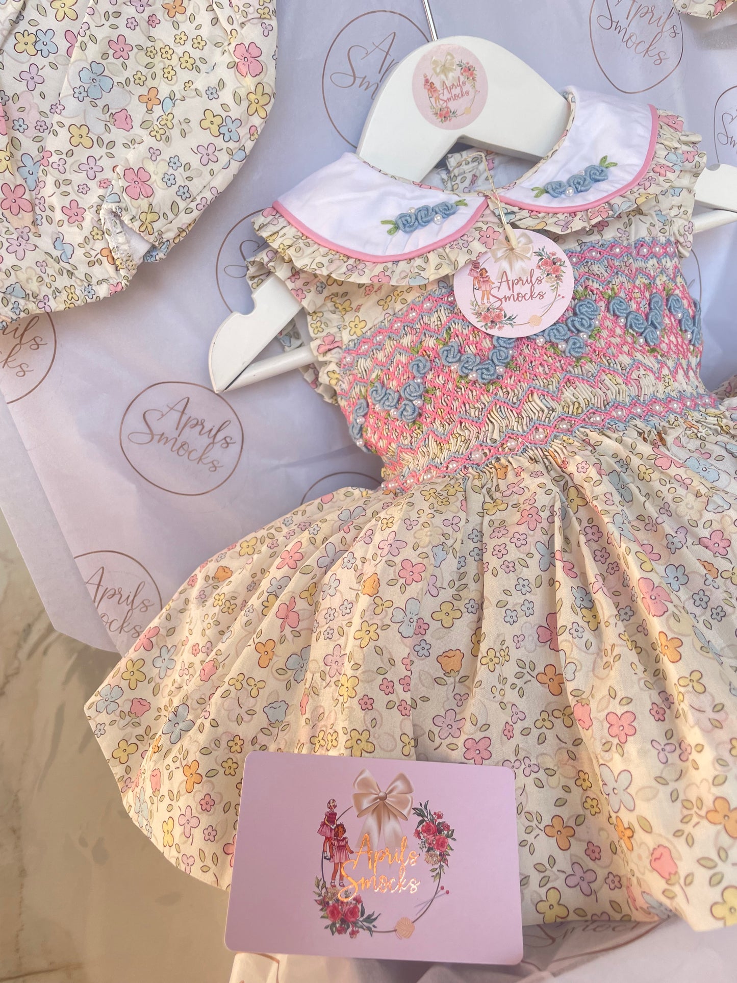 Smocked Front Sleeveless Floral Dress With Pearl Detail