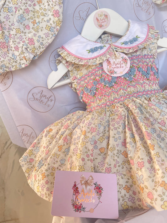Smocked Front Sleeveless Floral Dress With Pearl Detail