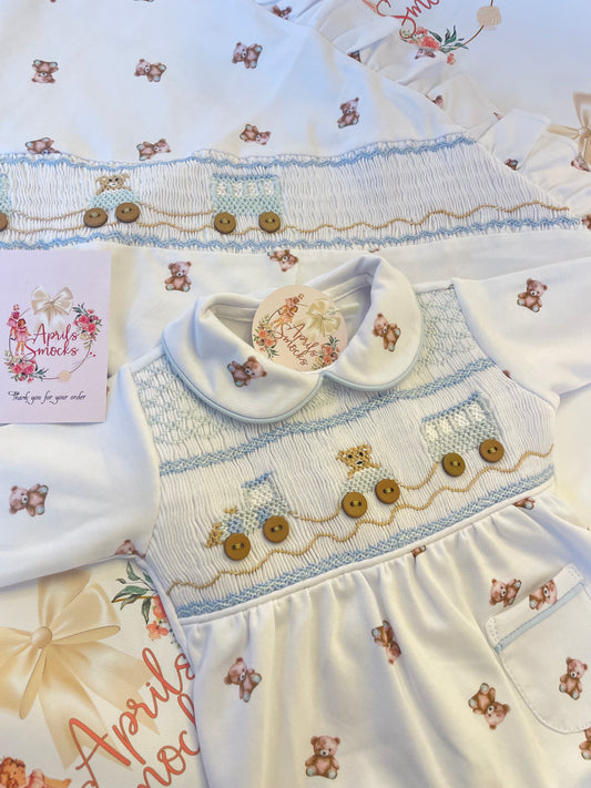 Boys Smocked Teddy Baby Grower & Blanket Set