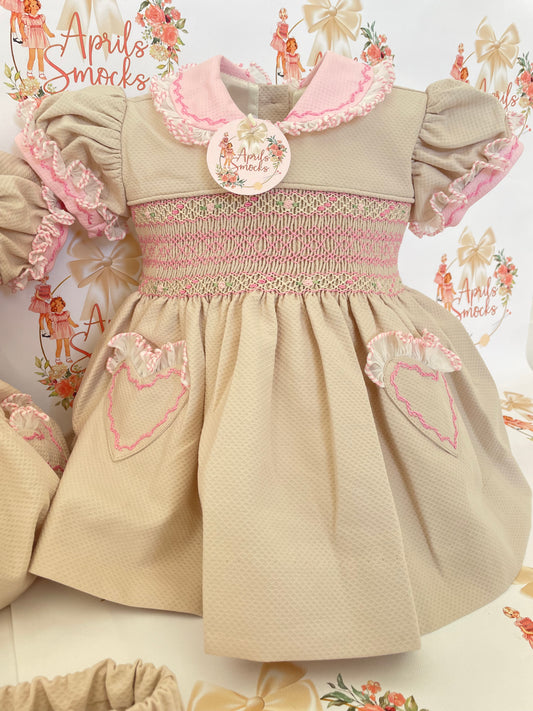 Pink & Tan Smocked Front Dress