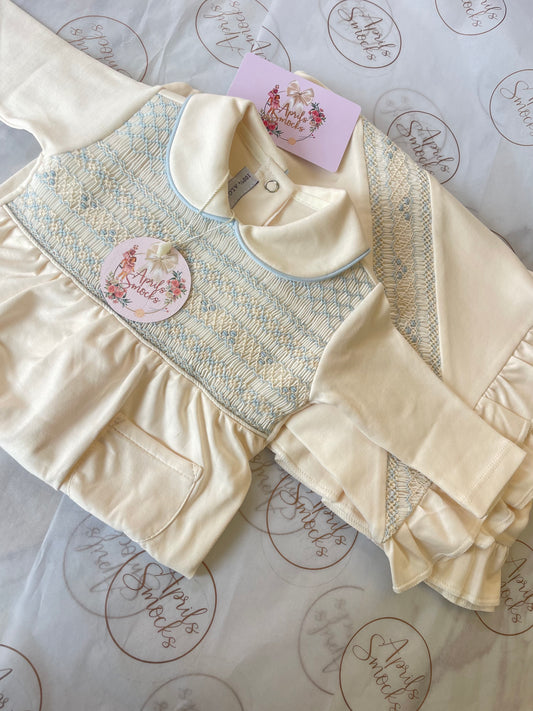 Boys Cream & Blue Baby Grower & Blanket Hospital Set