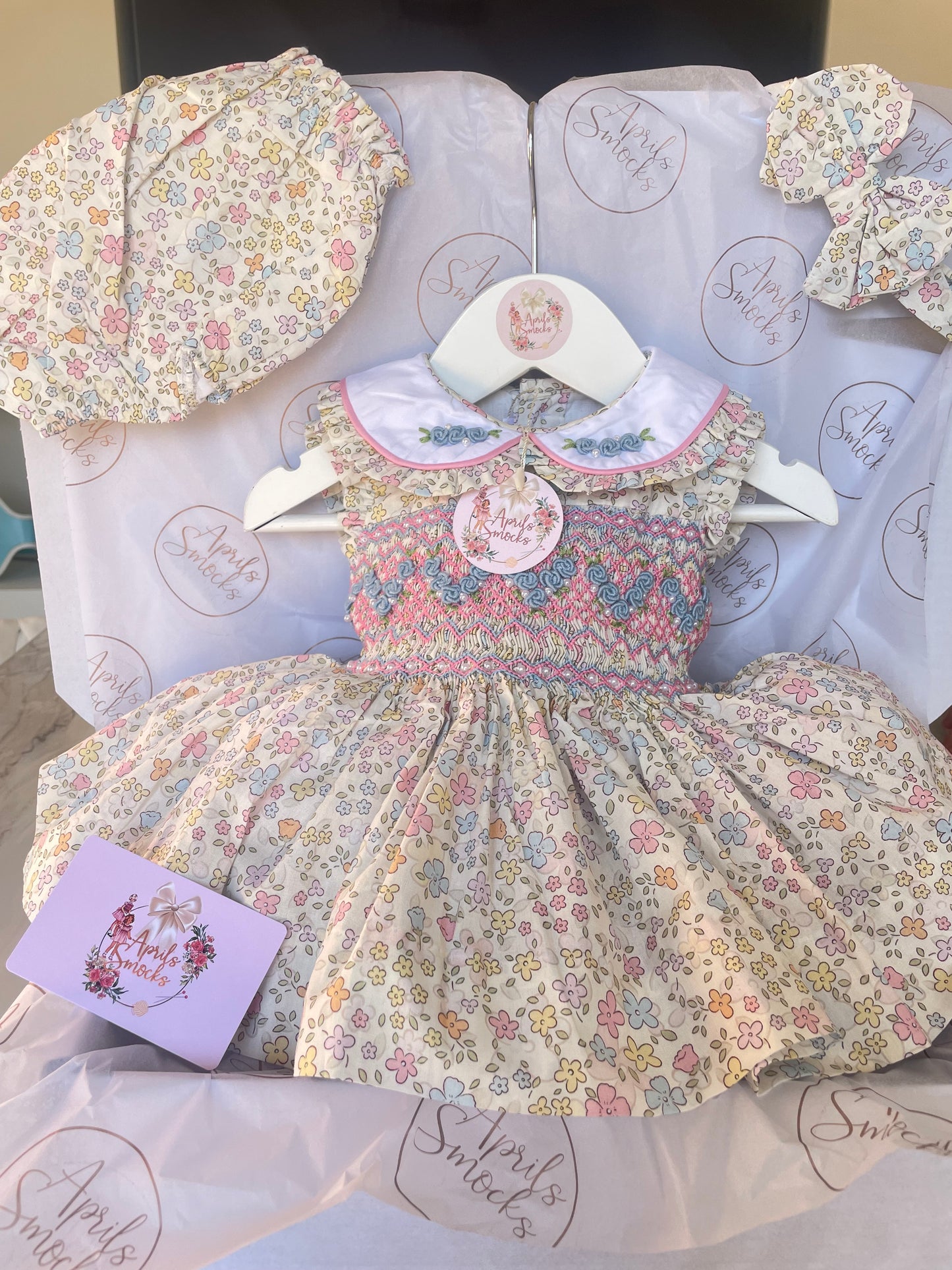 Smocked Front Sleeveless Floral Dress With Pearl Detail