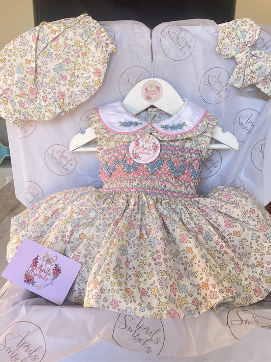 Smocked Front Sleeveless Floral Dress With Pearl Detail