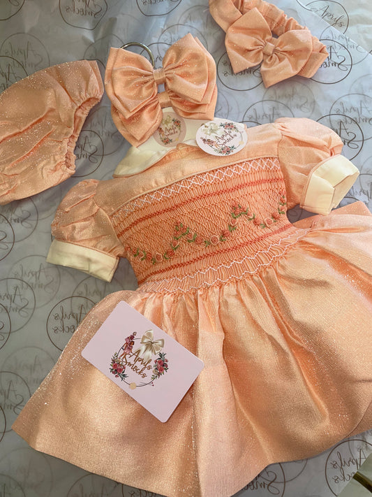 Smock Front Peach Shimmer Dress