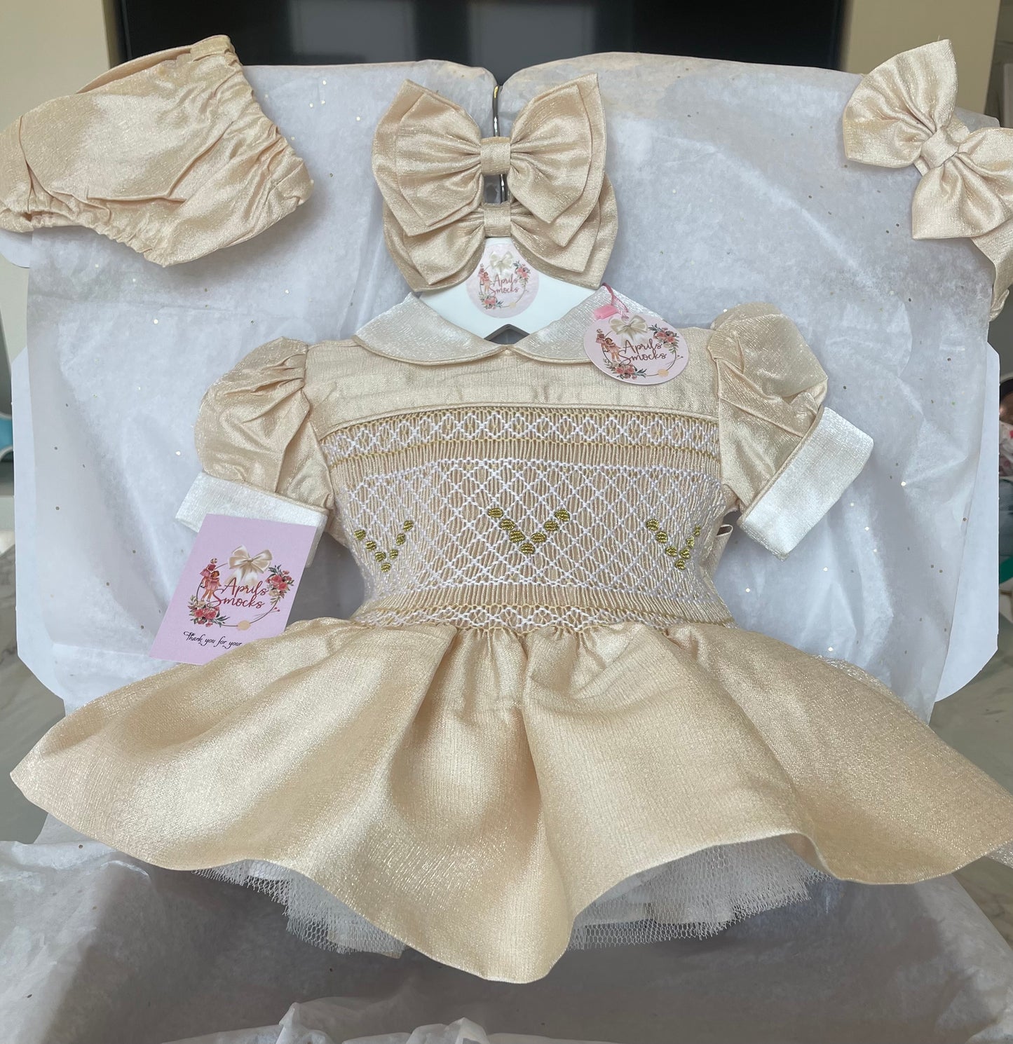 Champagne Shimmer Smock Front Dress