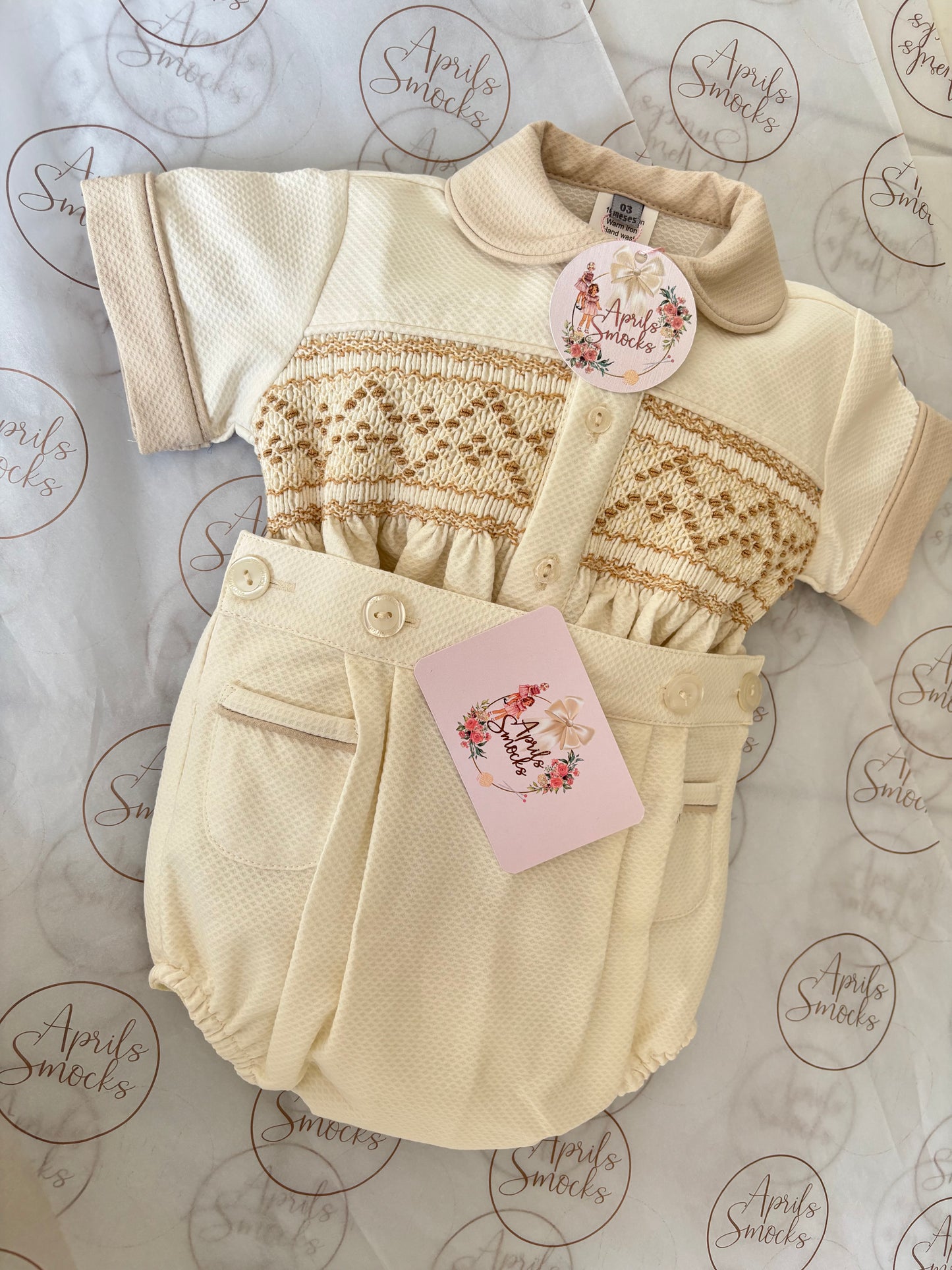 Boys Smocked Pique Cream & Tan Suit