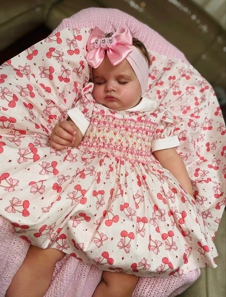 Smocked Back & Front Cherry Dress With Pearl Detail