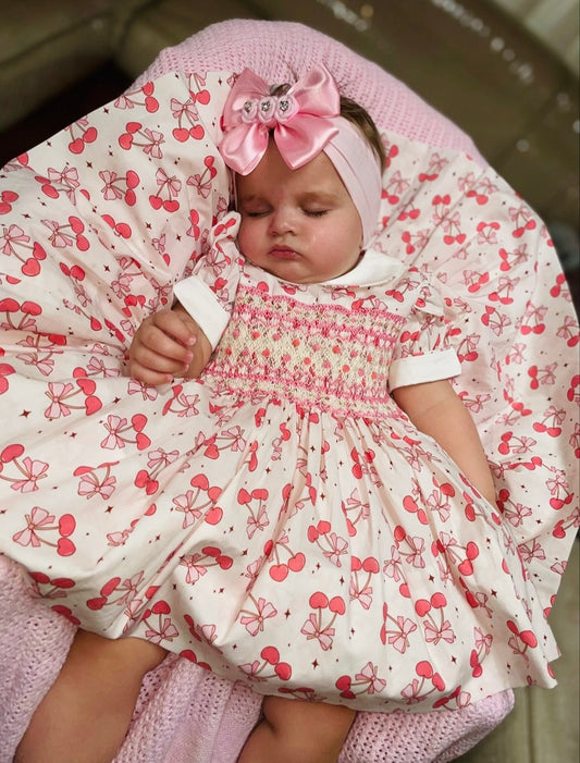 Smocked Back & Front Cherry Dress With Pearl Detail