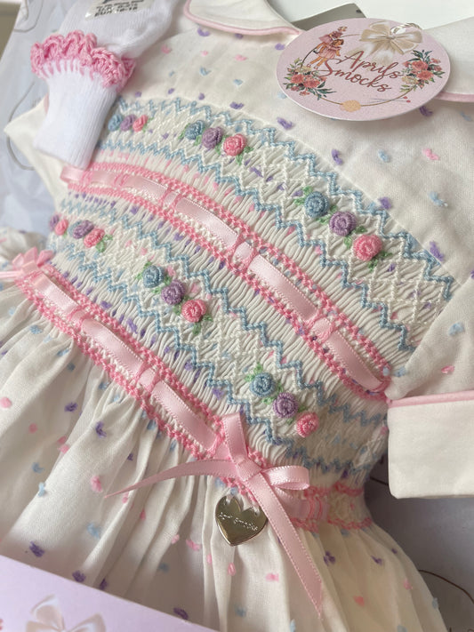 Sophia Dress - Pastel Plumetti With Matching Socks - smocked back & front