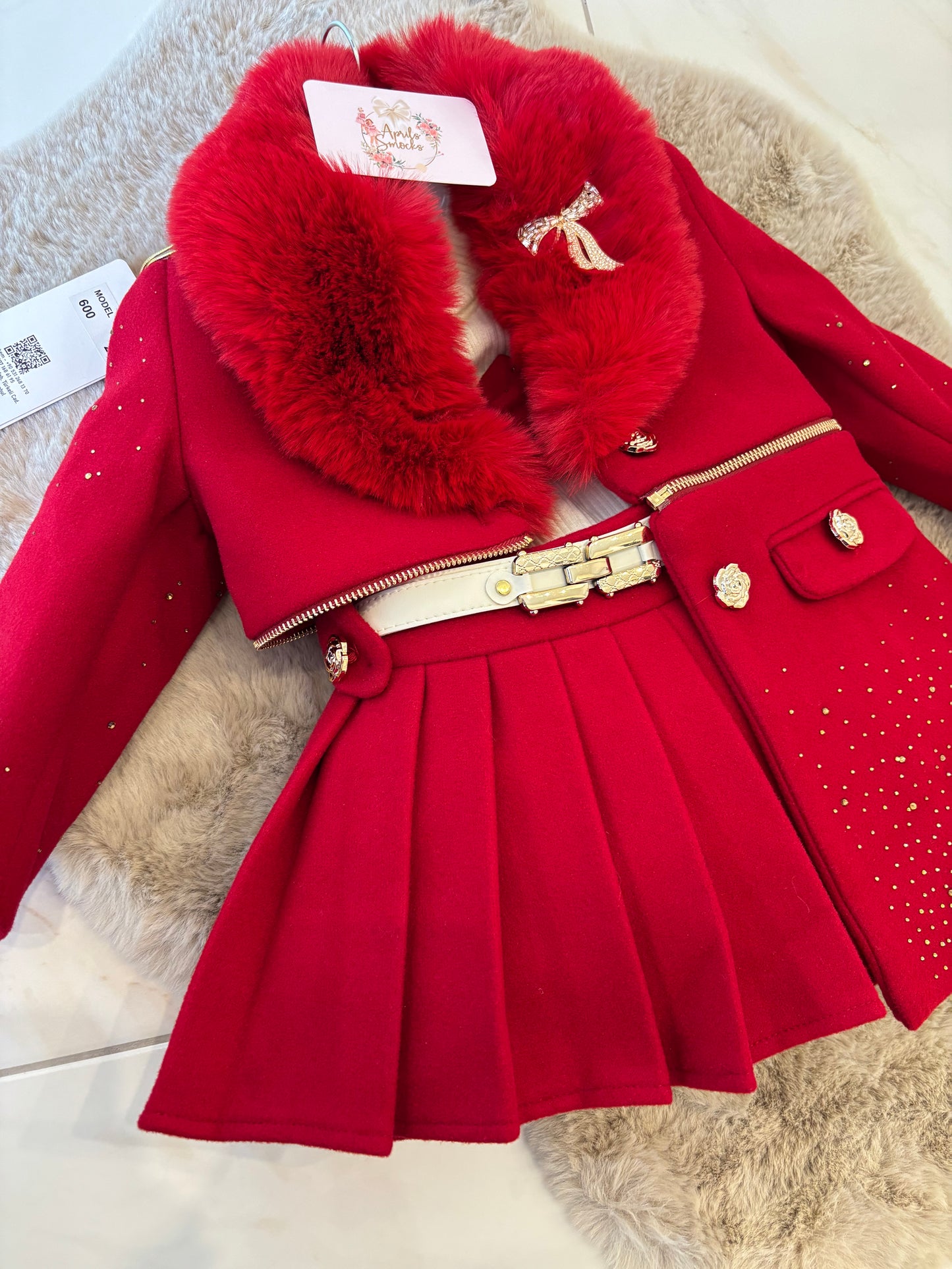 Girls Red Coat And Skirt Set