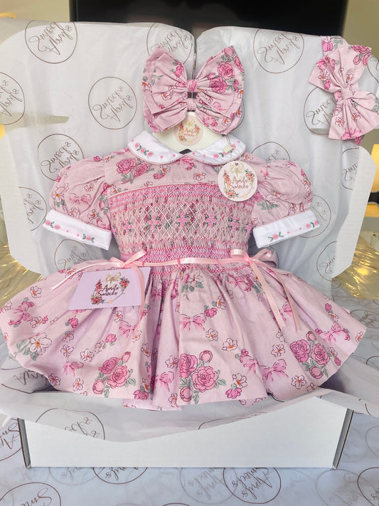 Powder Pink Floral Smocked Back & Front Dress