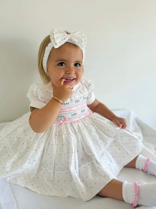 Sophia Dress - Pastel Plumetti With Matching Socks - smocked back & front