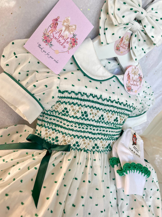 Emerald Green Plumetti Smocked Back & Front Dress With Matching Socks