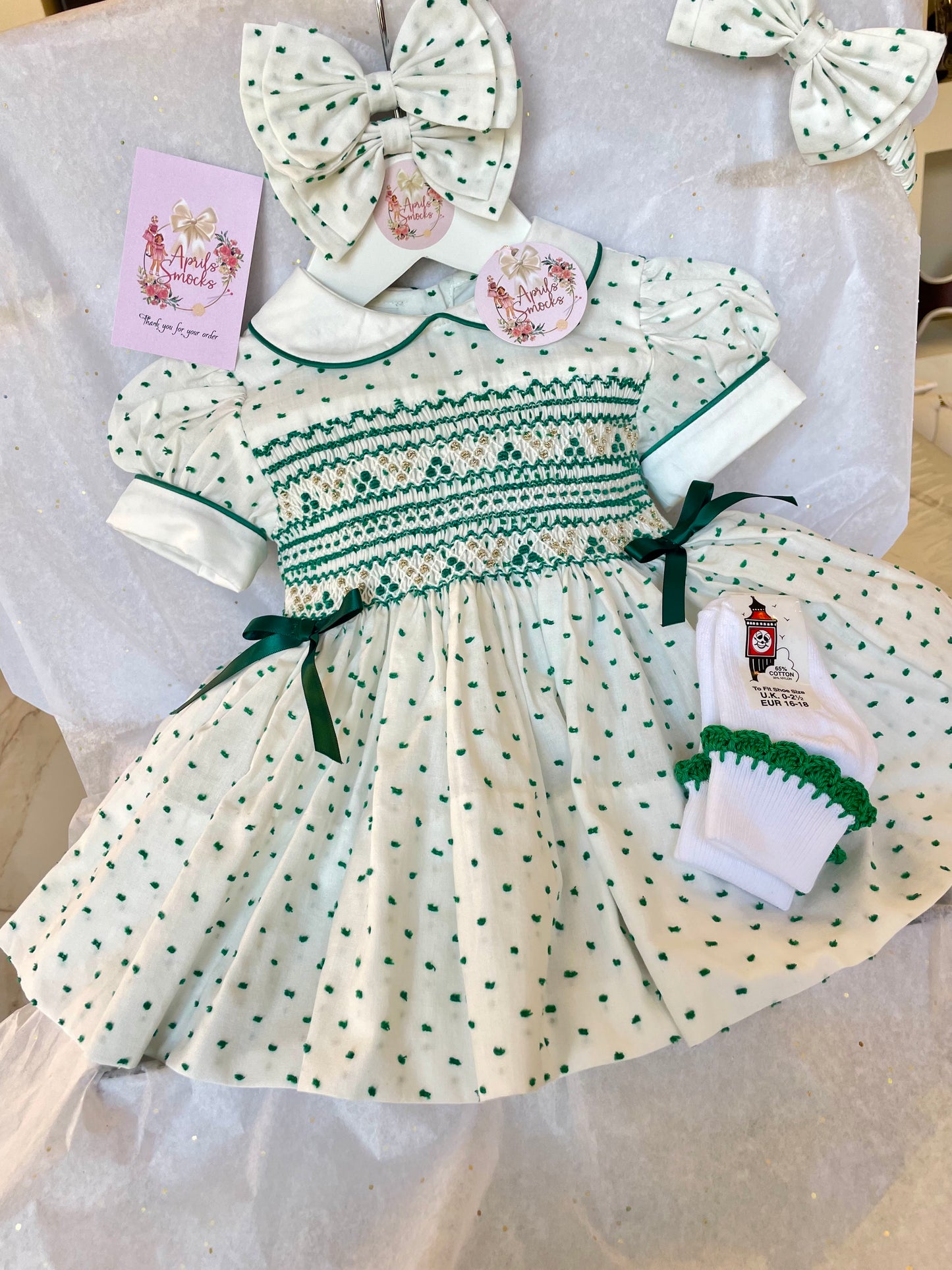 Emerald Green Plumetti Smocked Back & Front Dress With Matching Socks