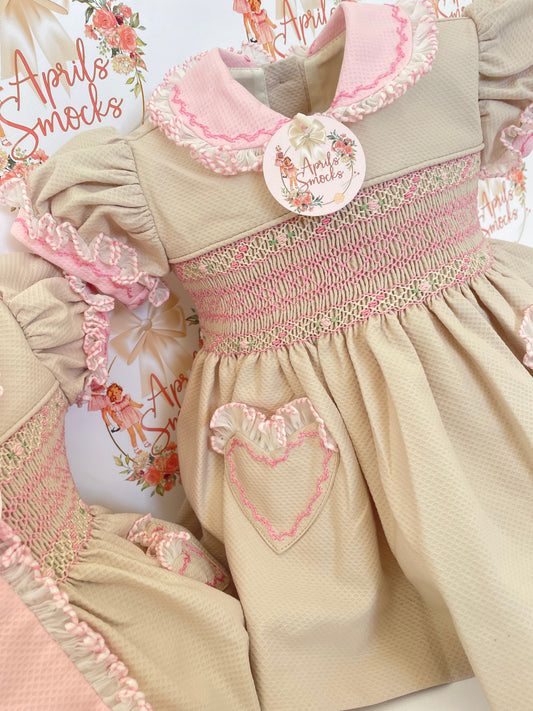 Pink & Tan Smocked Front Dress