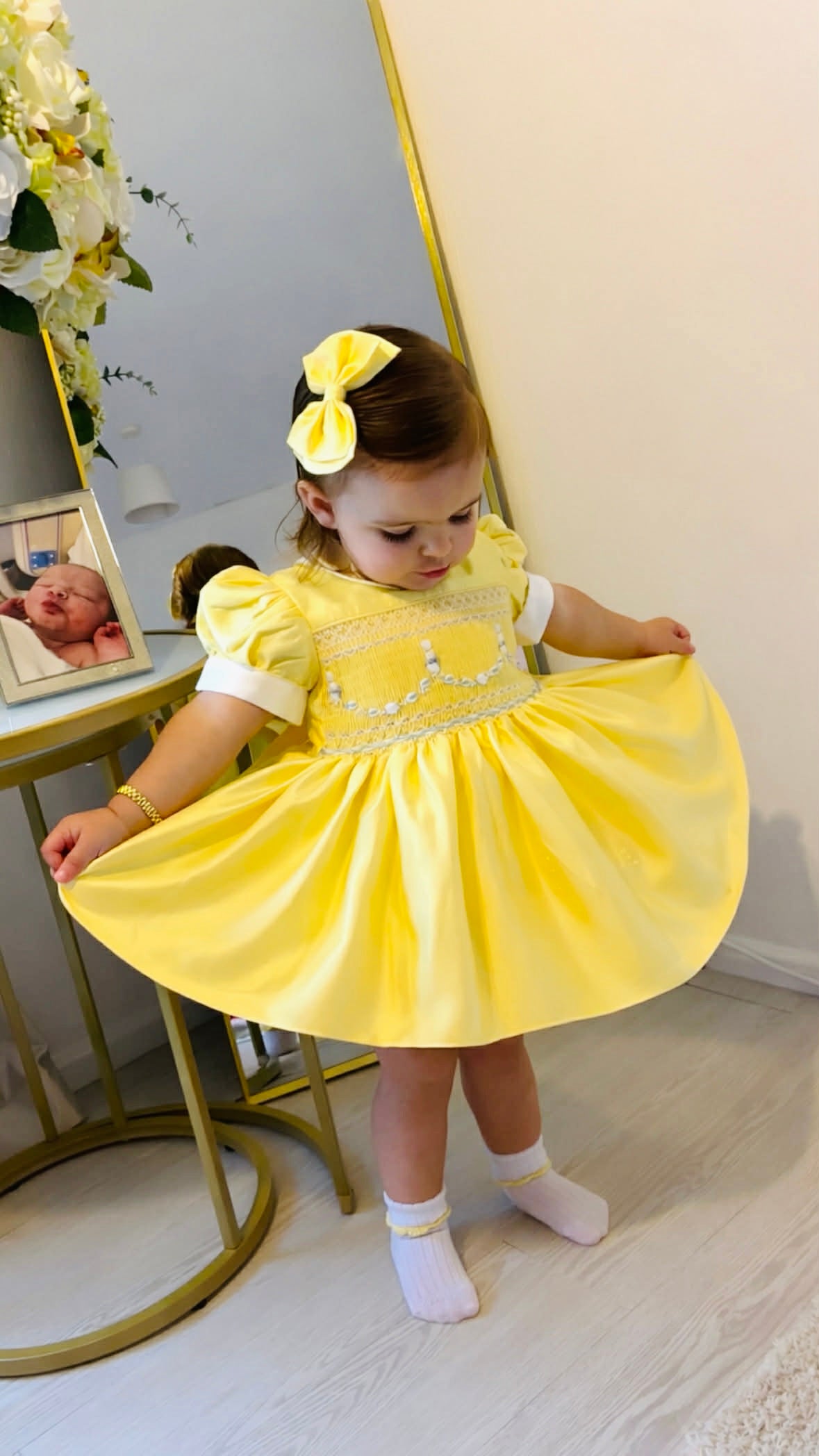 Girls Easter Smocked Front Lemon Shimmer Bunny Dress