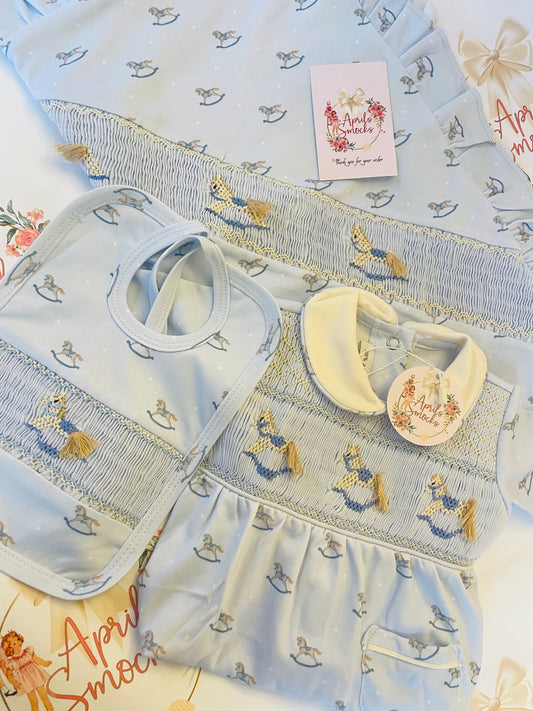 Boys Smocked Rocking Horse Grower Bib & Blanket Hospital Set