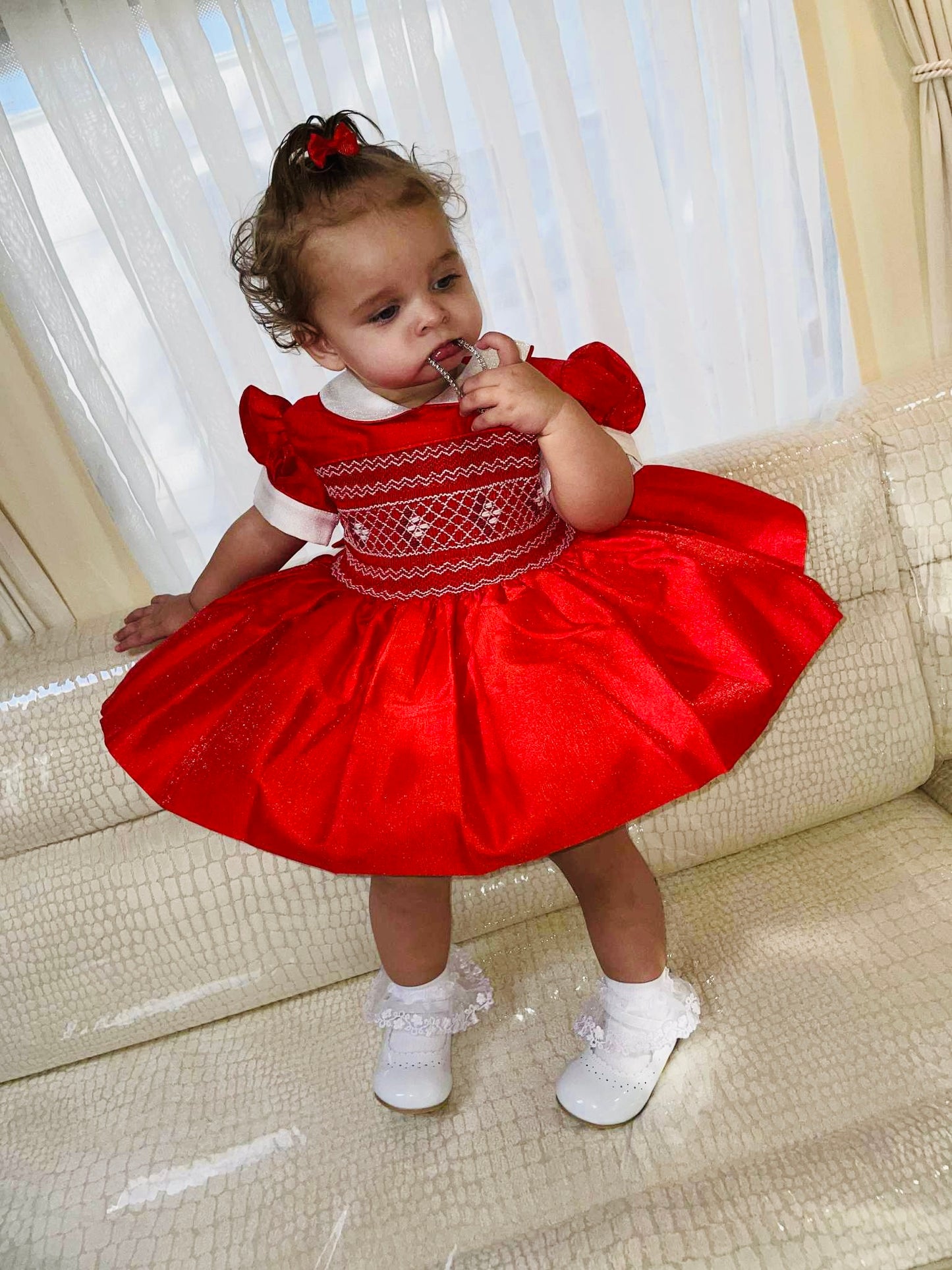 Delilah Red Shimmer Smock Dress
