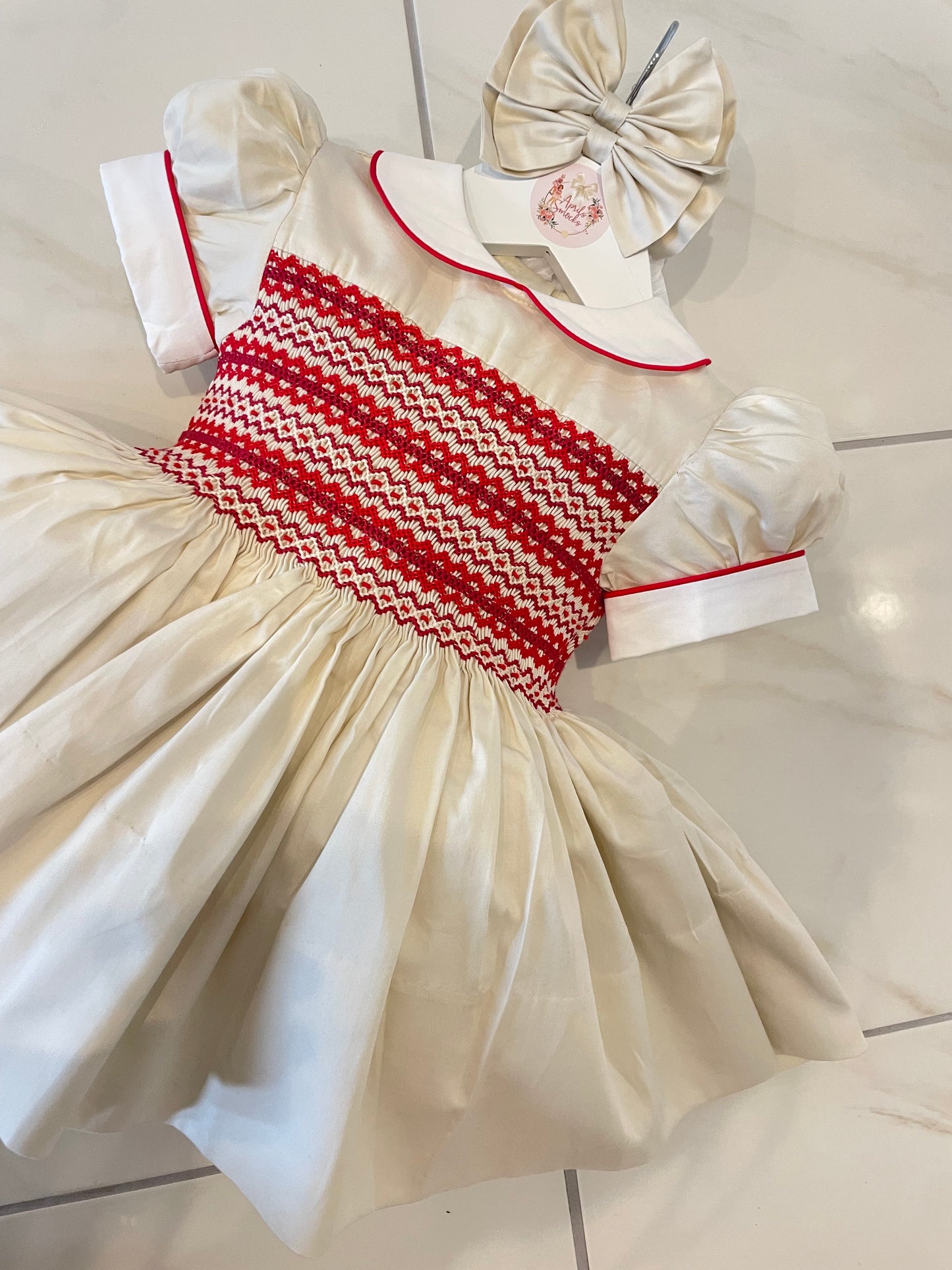 Smocked Back And Front Cream & Red Dress