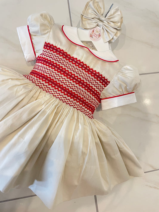 Smocked Back And Front Cream & Red Dress