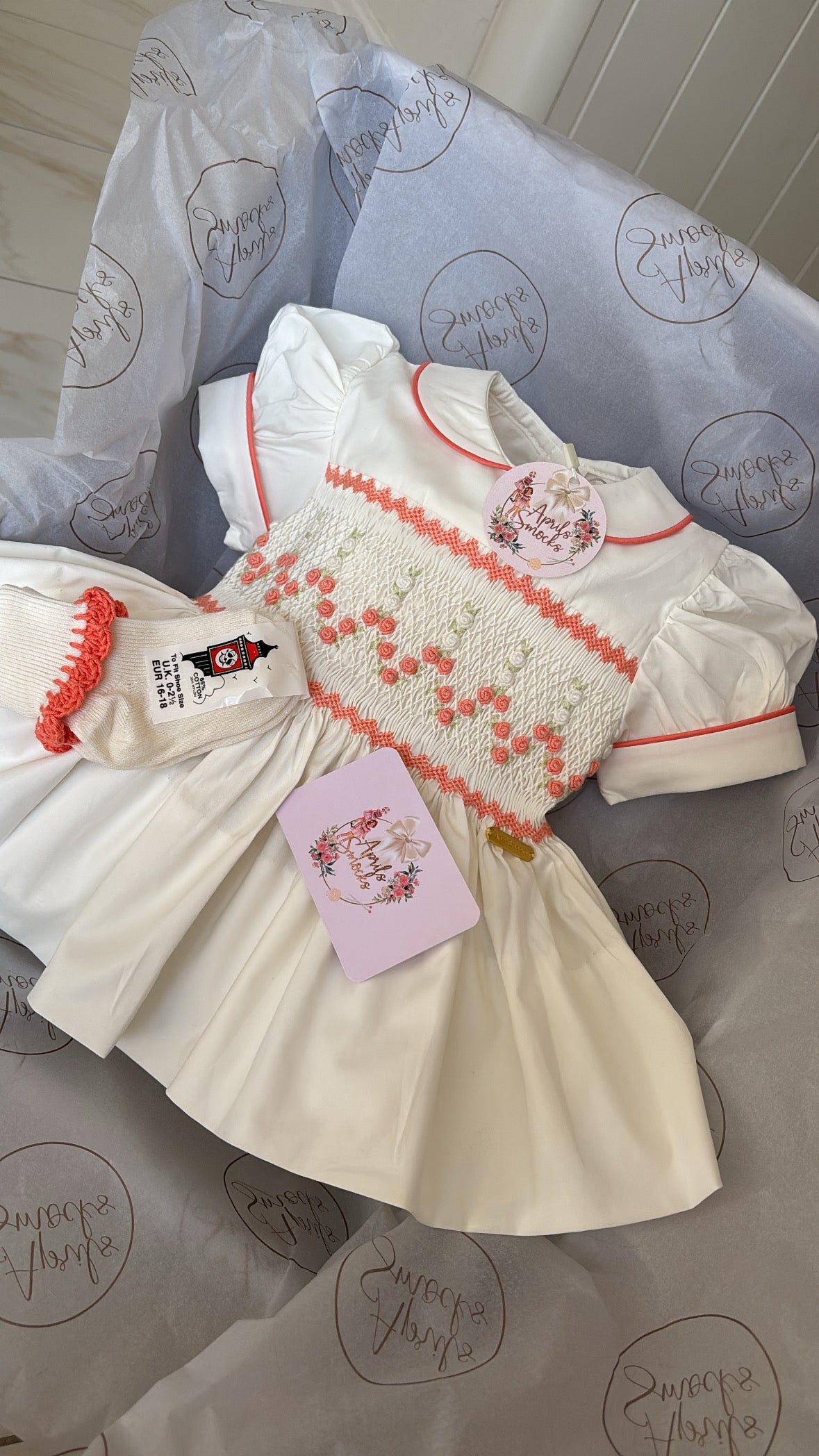 Peaches And Cream Smocked Back & Front Dress With Matching Socks