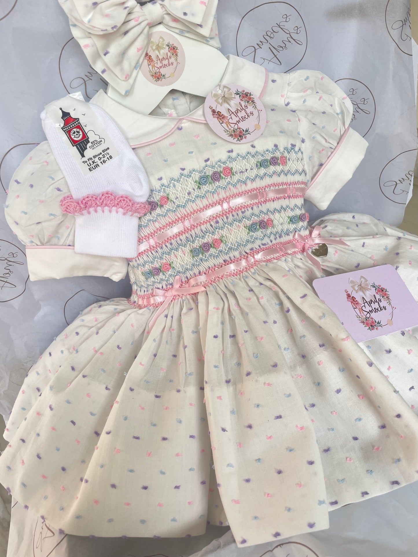 Sophia Dress - Pastel Plumetti With Matching Socks - smocked back & front