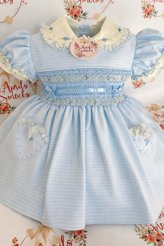 Girls Blue Stripe Smock Dress