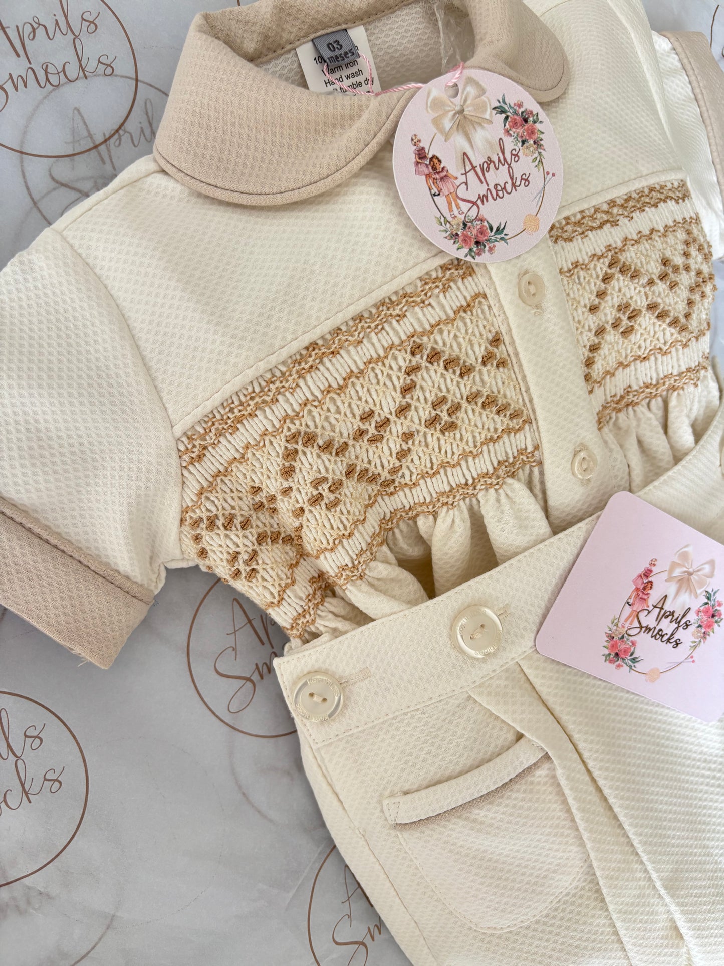 Boys Smocked Pique Cream & Tan Suit