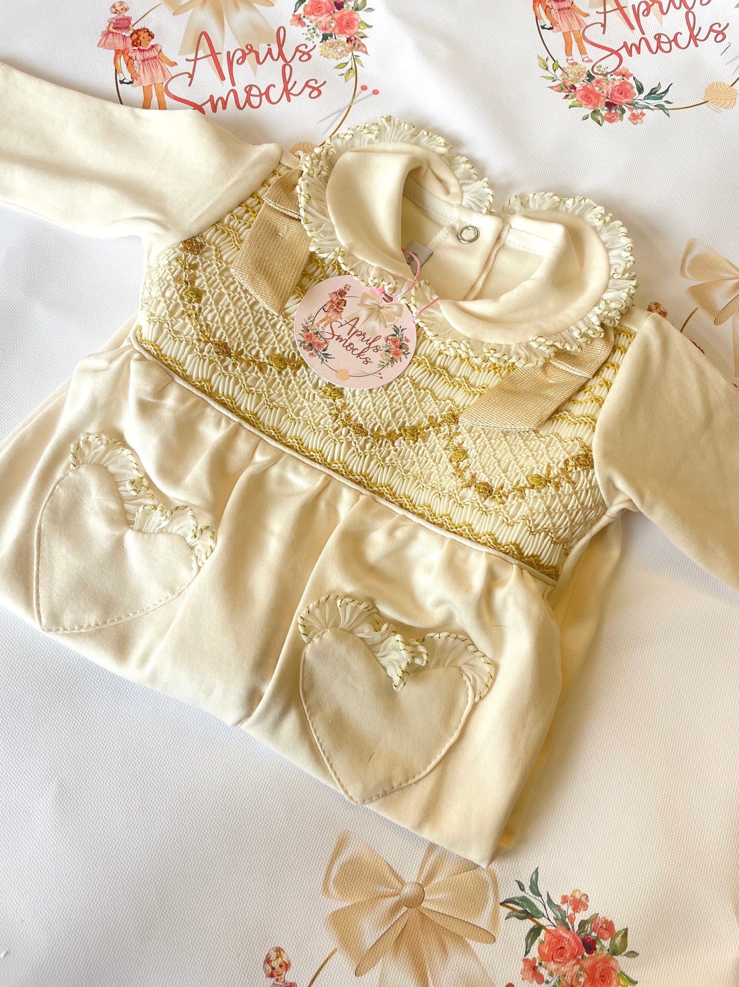 Girls Cream & Gold Smocked Baby Grower