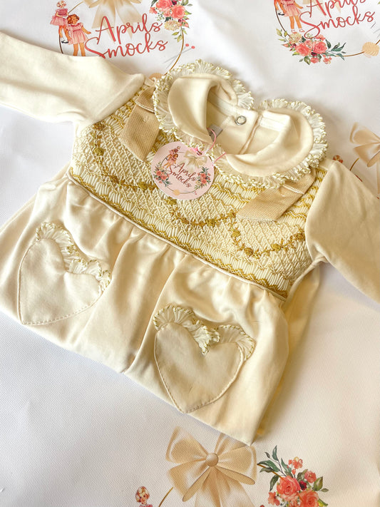 Girls Cream & Gold Smocked Baby Grower