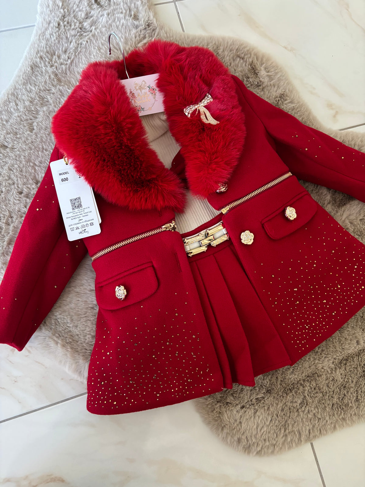 Girls Red Coat And Skirt Set
