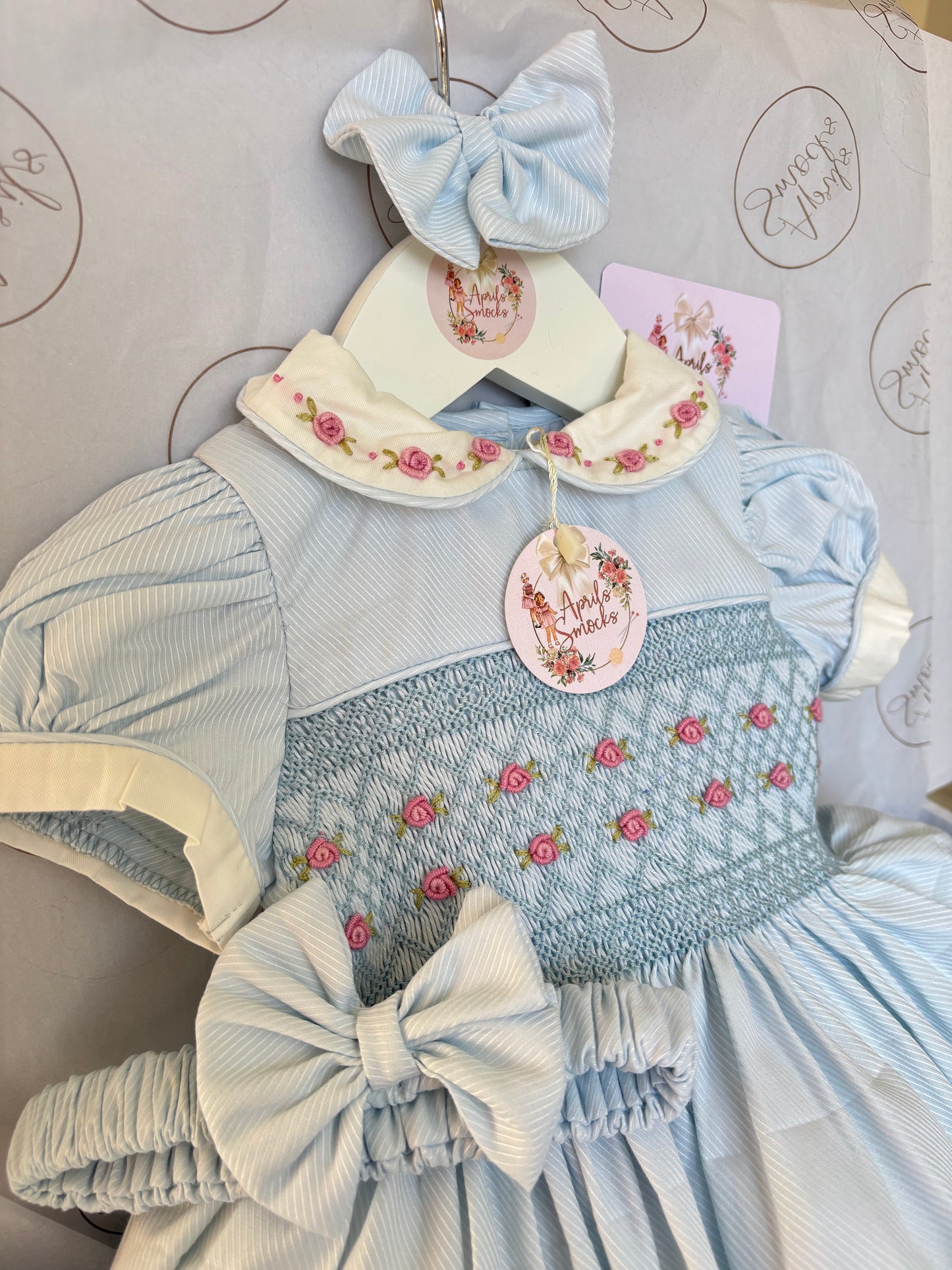 Smocked Front Blue Dress With Pink Roses