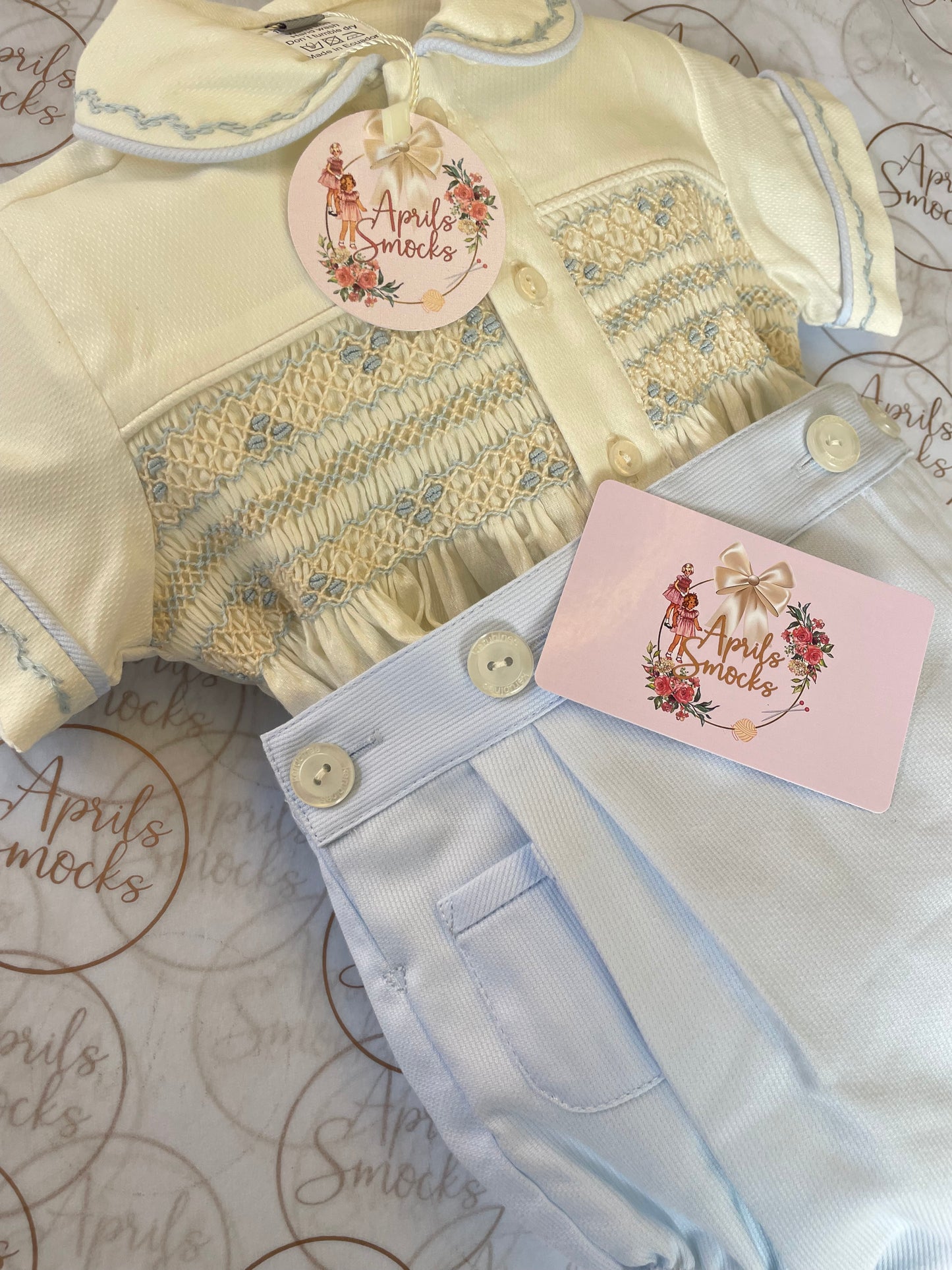 Boys Blue And Cream Smocked Suit