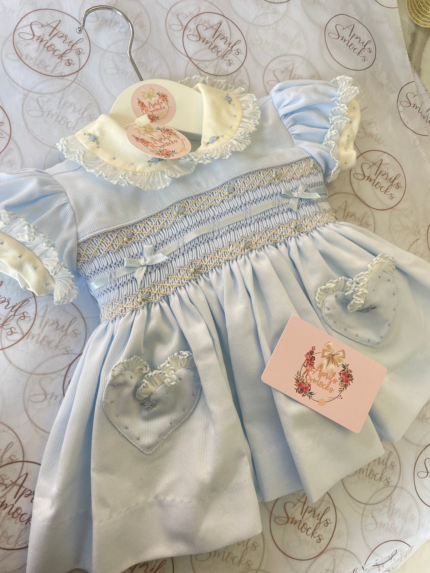 Girls Blue Smock Dress With Ribbon & Pearl Detail