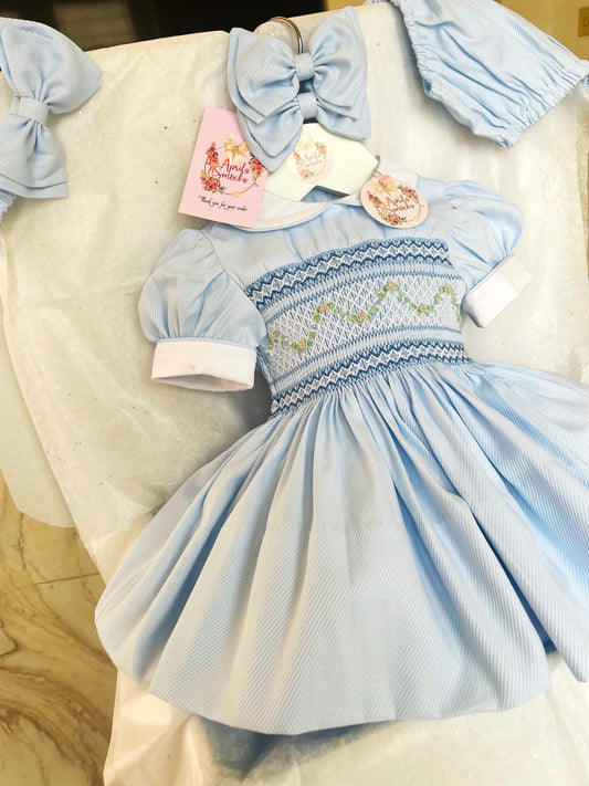 Elsa Baby Blue Smocked Back & Front Dress With Matching Socks