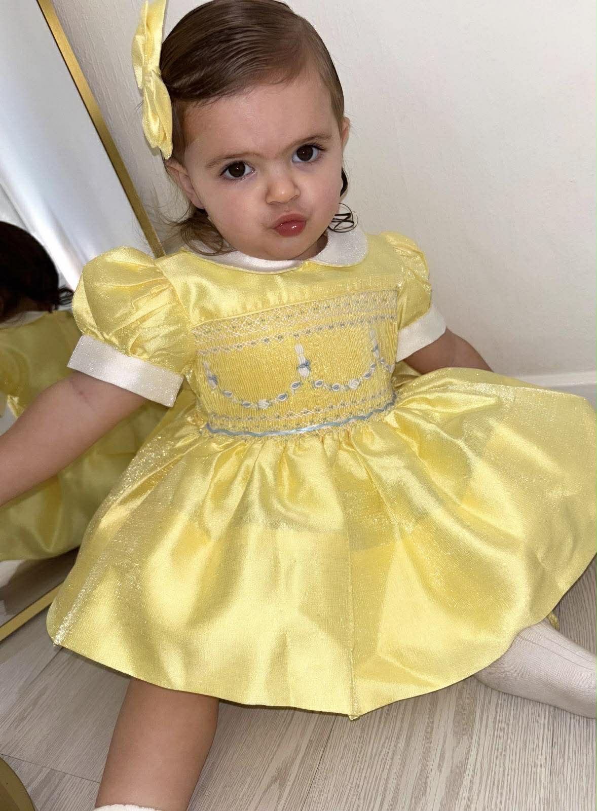 Girls Easter Smocked Front Lemon Shimmer Bunny Dress