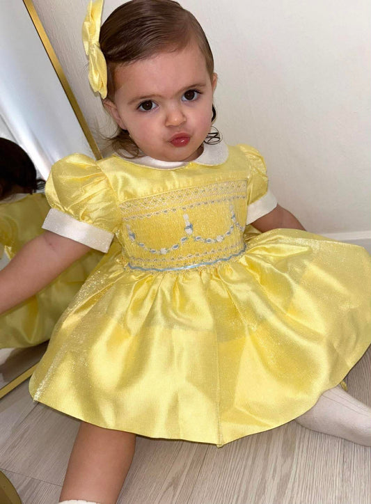 Girls Easter Smocked Front Lemon Shimmer Bunny Dress