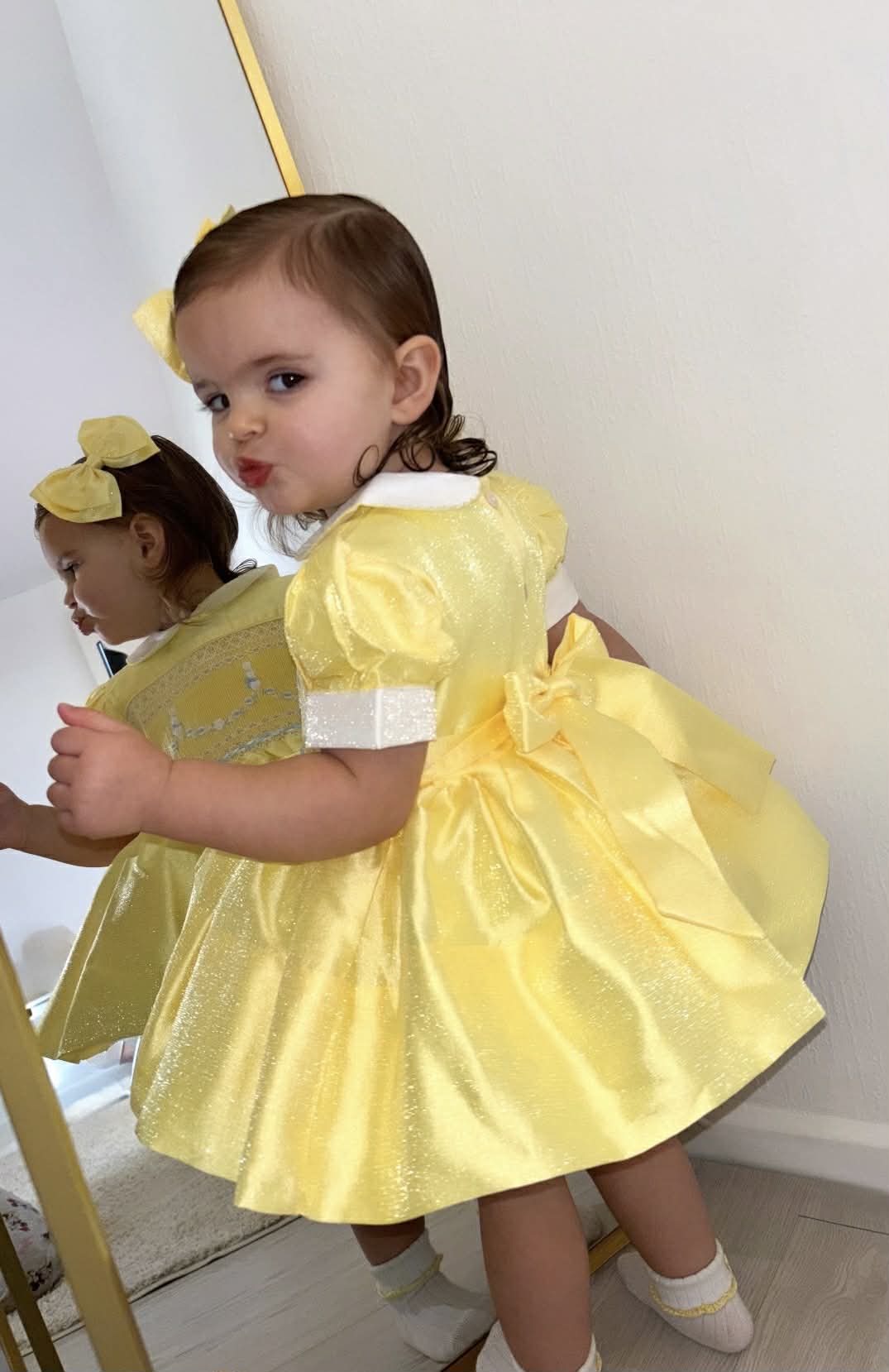 Girls Easter Smocked Front Lemon Shimmer Bunny Dress